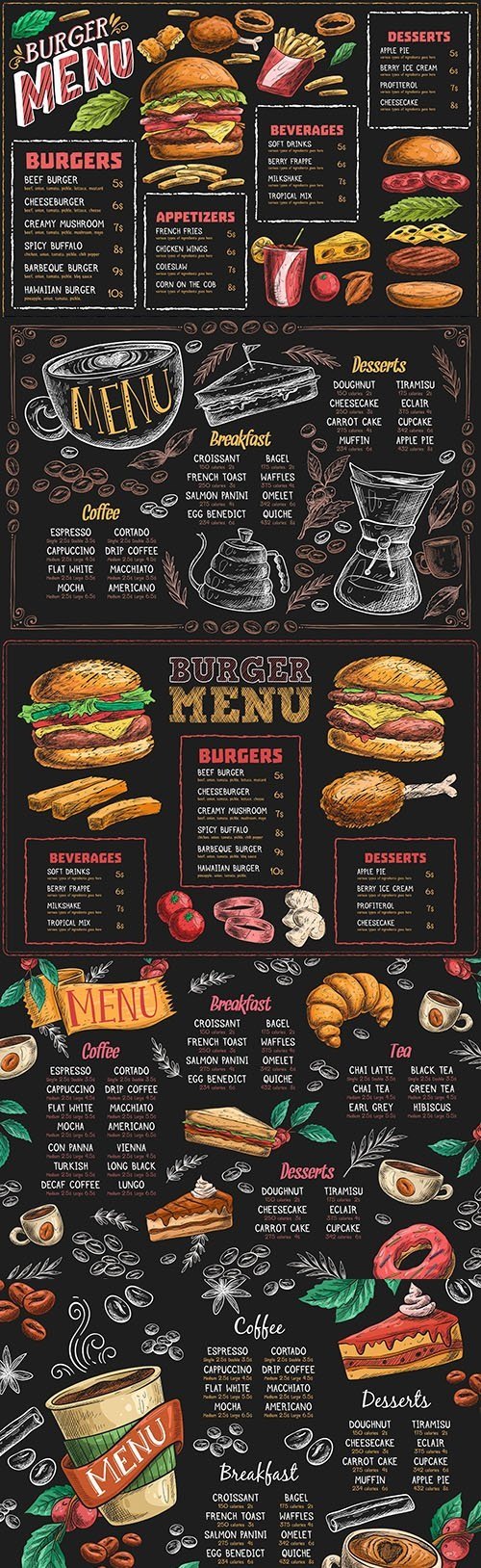 Burger menu and fragrant coffee painted design template