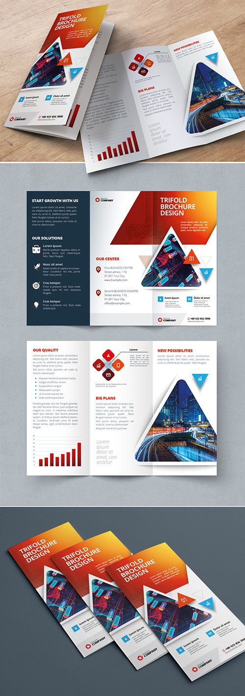 Red Gradient Trifold Brochure Layout with Triangles