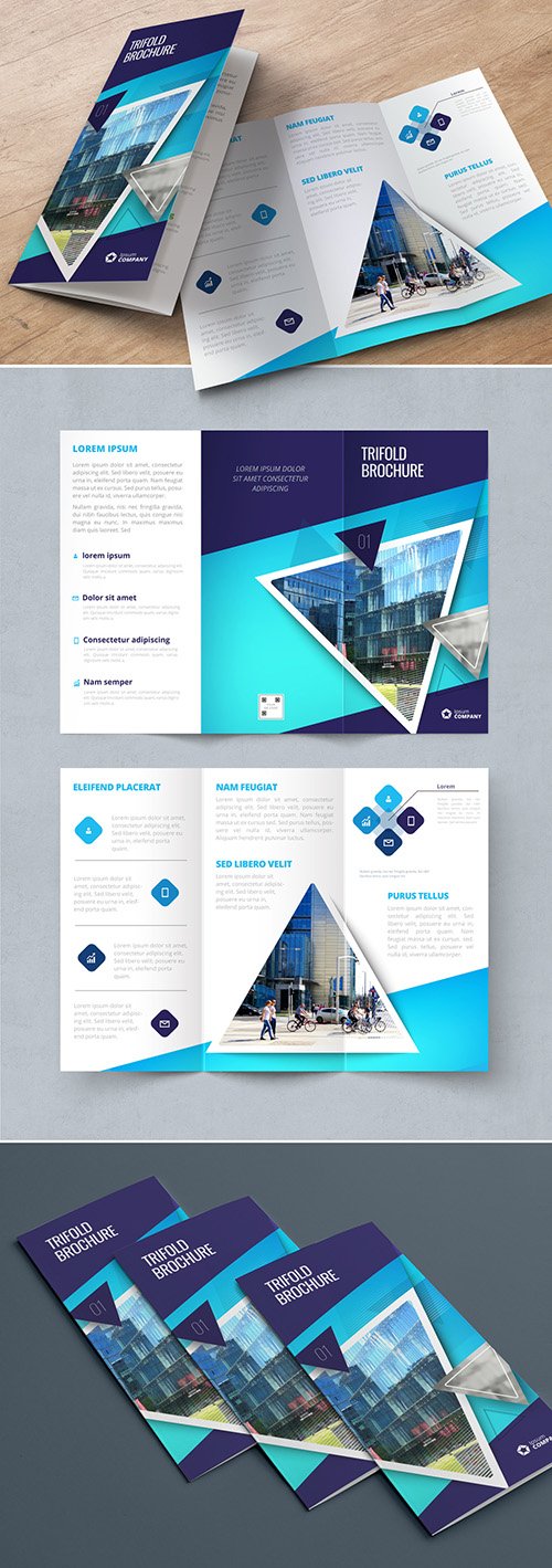 Dark Blue Trifold Brochure Layout with Triangles