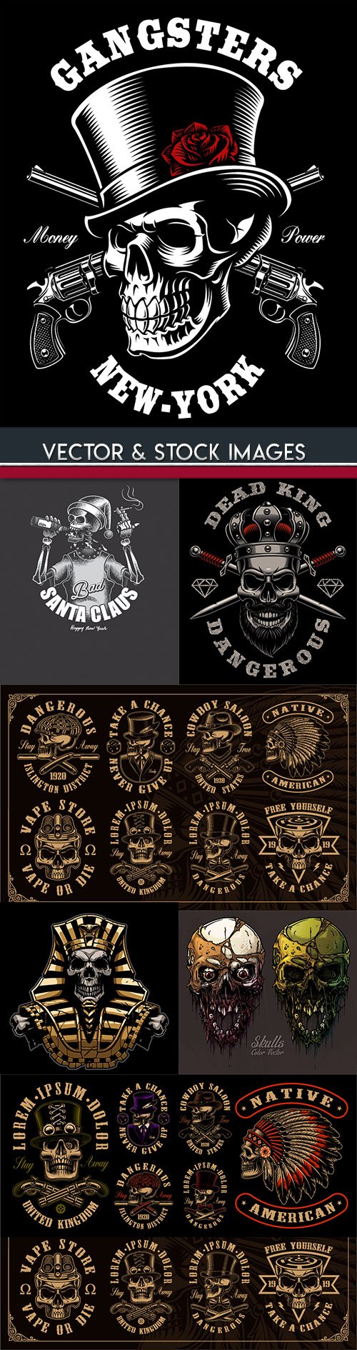 Skull and accessories grunge label drawn design 7