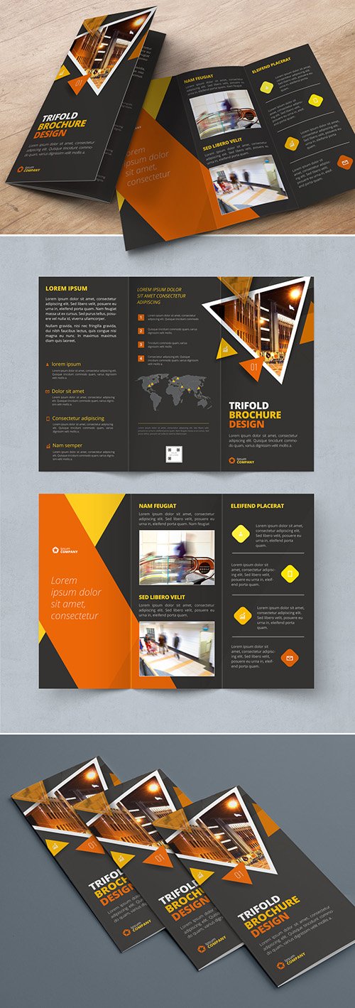 Dark Orange Trifold Brochure Layout with Triangles
