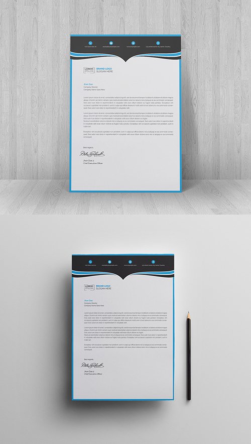 Letterhead Layout with Blue and Black Header