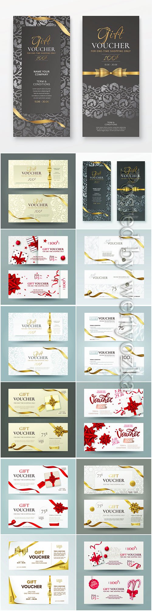 Vector set of luxury gift vouchers with ribbons, bows and gift box