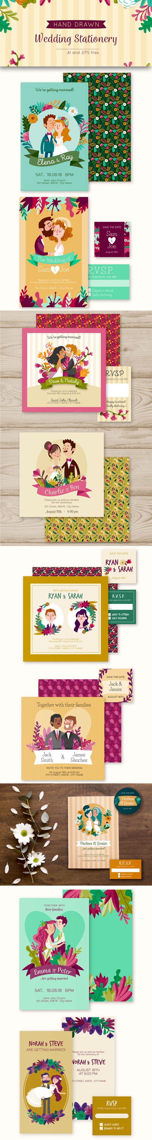Colorful Hand Drawn Wedding Stationery Vector Templates