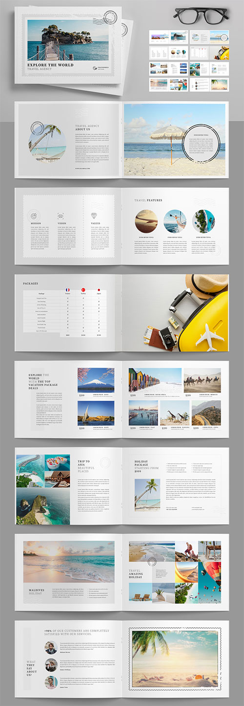 Travel Agency Brochure Layout with Postage Stamps Elements 512851429