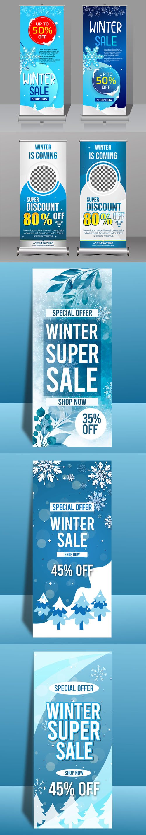 7 Winter Sale Roll-up Banners Vector Templates