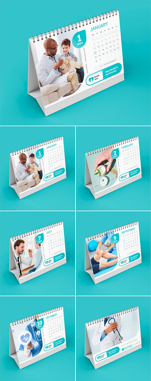 Healthcare Desk Calendar 2023 Layout with Turquoise Accents 536431886