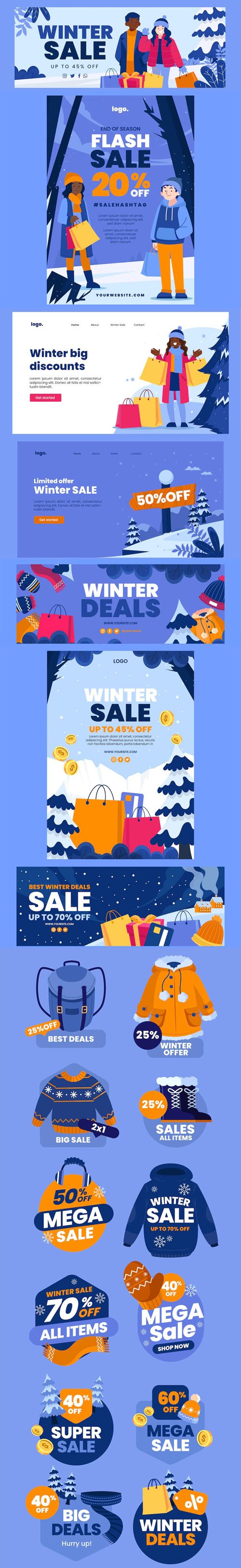 10 Hand Drawn Winter Sales Flat Marketing Vector Pack