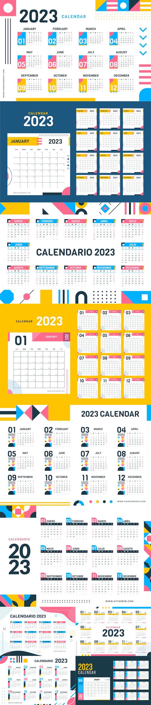 10 Flat 2023 Calendars Vector Templates