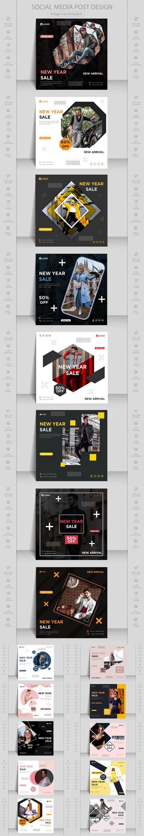 Winter & New Year Sales - 18 Square Social Media Posts - Vector Templates