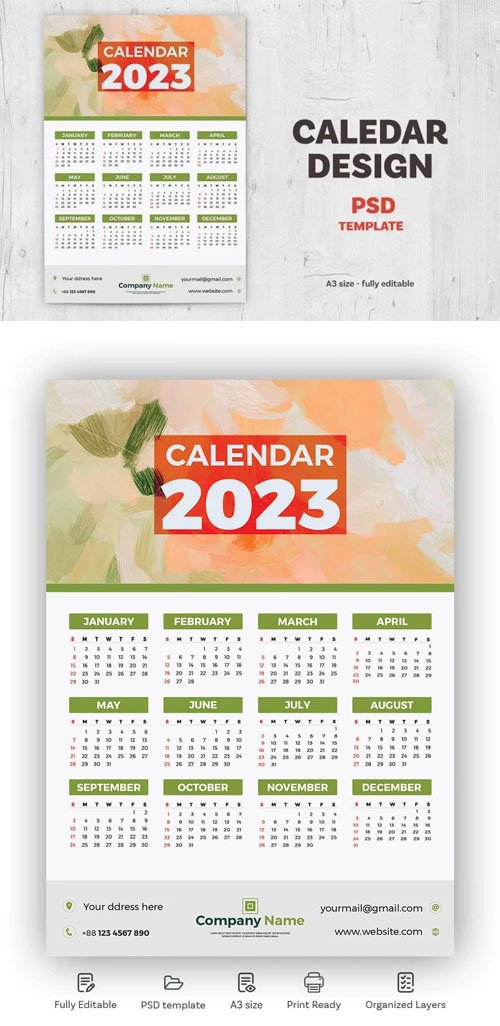 A3 Calendar 2023 Design PSD Template