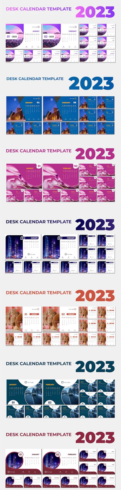 7 Colorful Desk Calendars 2023 Vector Templates
