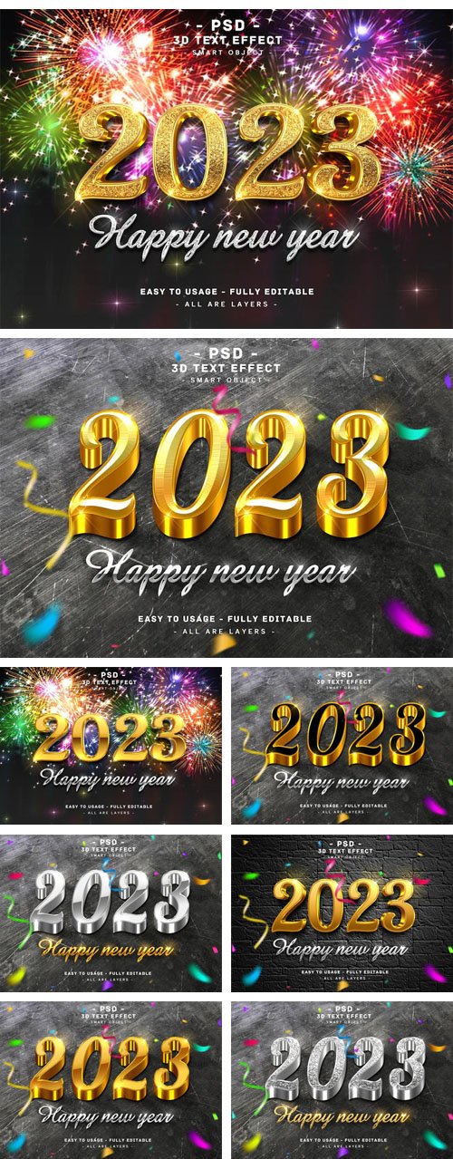 Happy New Year 2023 - 10+ Editable 3D Text Effects PSD Templates
