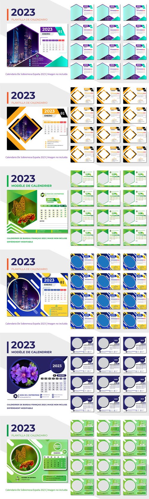 Spanish & French Desk Calendars for 2023 - Vector Templates Collection