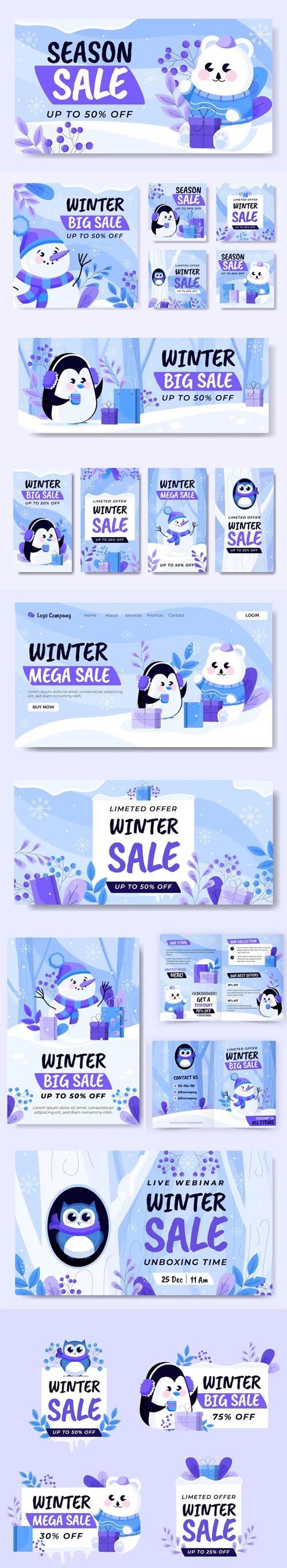 Winter Season Sale Hand drawn Flat Marketing Pack - 10 Vector Design Templates