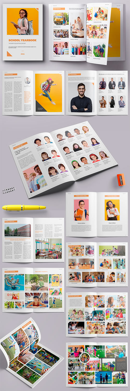 School Yearbook Layout with Orange Accents 536431842