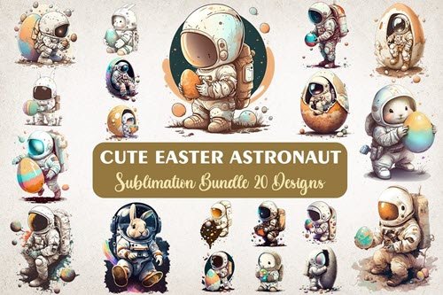 Cute Easter Astronaut Watercolor Sublimation Bundle