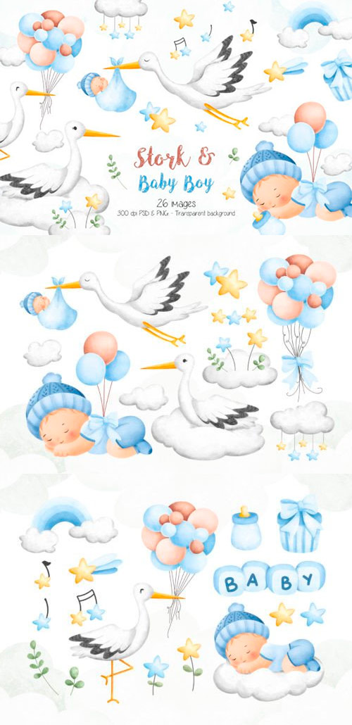 Stork and Baby Boy Clipart
