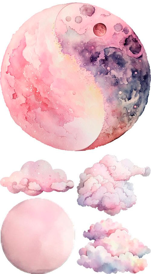 Watercolor Pink Moon PNG Clipart Pack