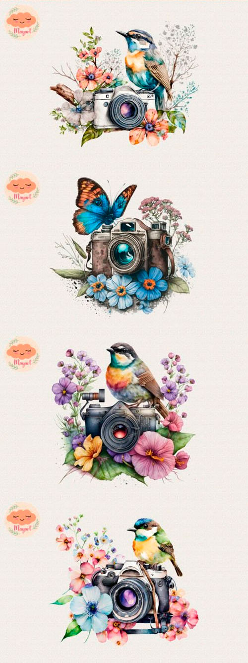 Spring Bundle - Watercolor Floral Camera PNG Clipart