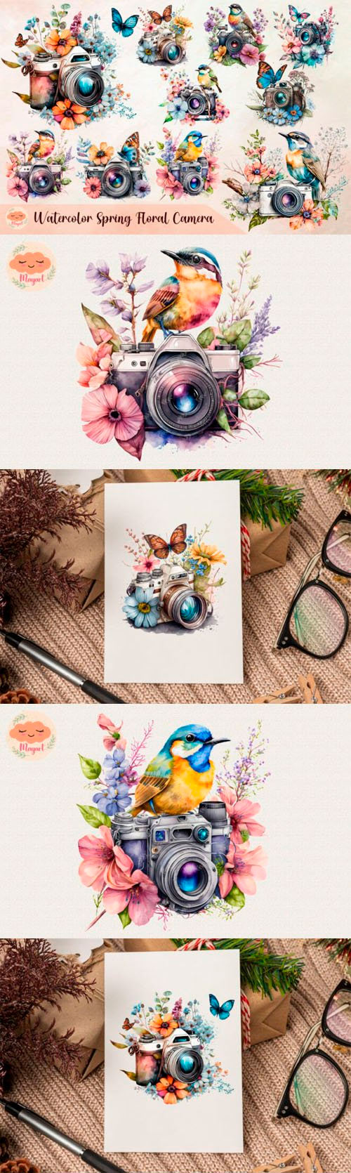 Spring Bundle - Watercolor Floral Camera PNG Clipart
