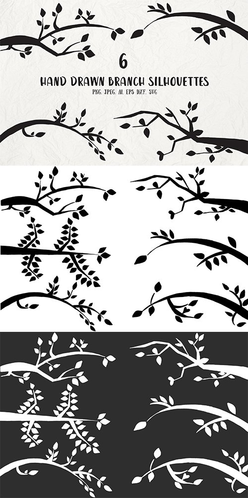 6 Hand Drawn Branch Vector Silhouettes