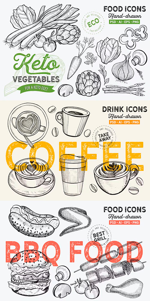 BBQ Food, Coffee Mugs, Keto Vegetables - Hand Drawn Graphic