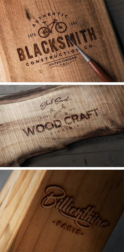 Photorealistic Wood Craft Logo PSD Mockups