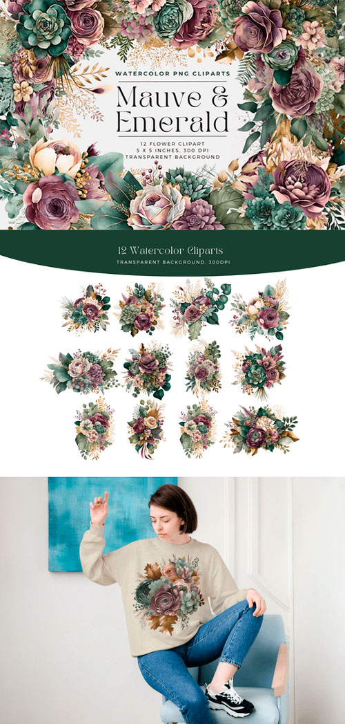 Watercolor Mauve and Emerald Flowers PNG Cliparts