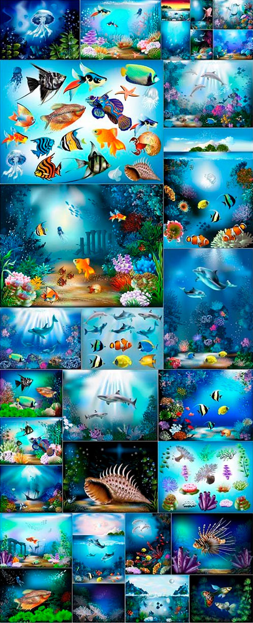 Sea fish, underwater world, sea underwater landscapes in vector