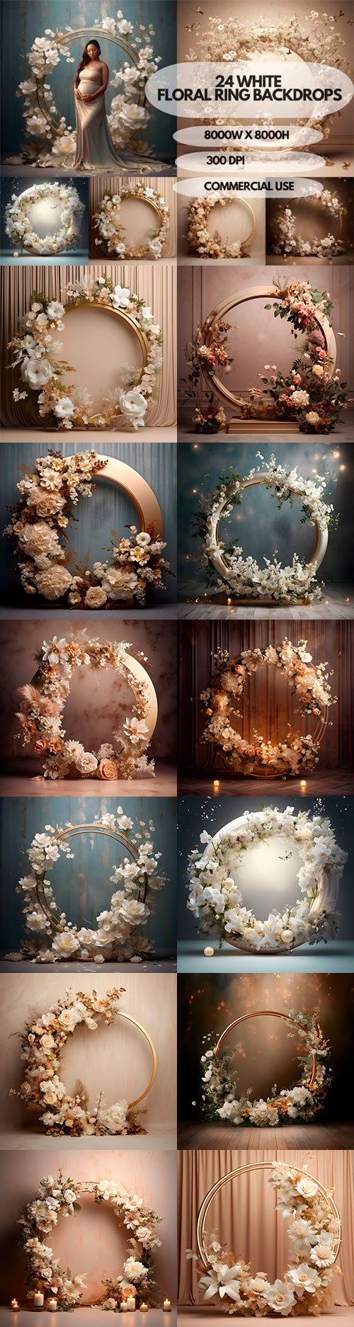 24 White Floral Ring Digital Backdrops