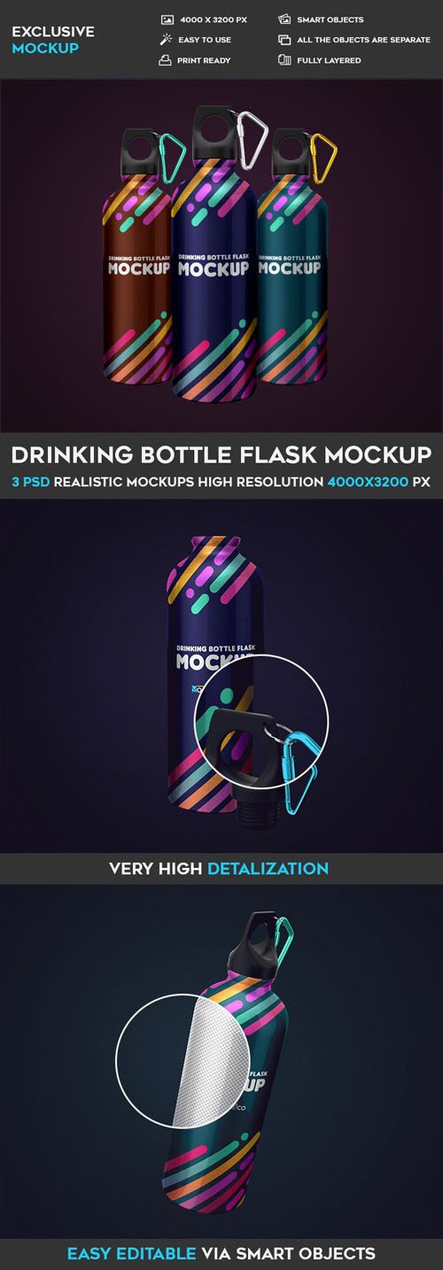 Drinking Bottle Flask - 3 PSD Mockups