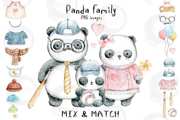 Panda Family | Mix & Match | PNG Watercolour Illustrations 1034418