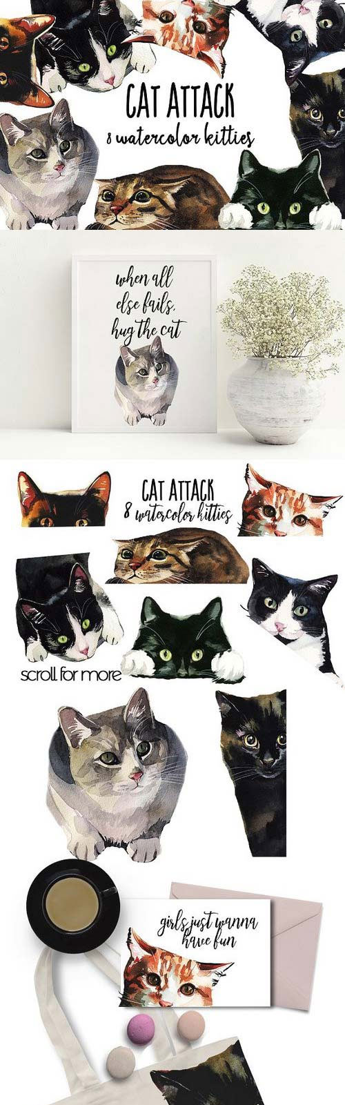 Cat Attack Watercolor PNG Collection 1144994