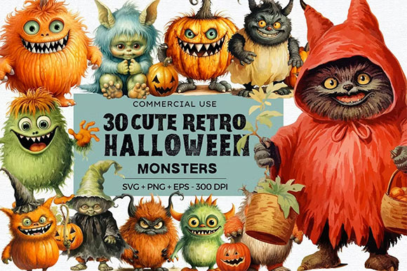 30 Cute Retro Halloween Monsters KNRPGZG
