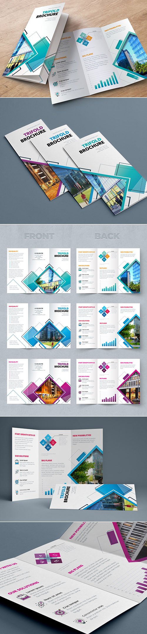 Trifold Brochure Layout with Geometric Elements
