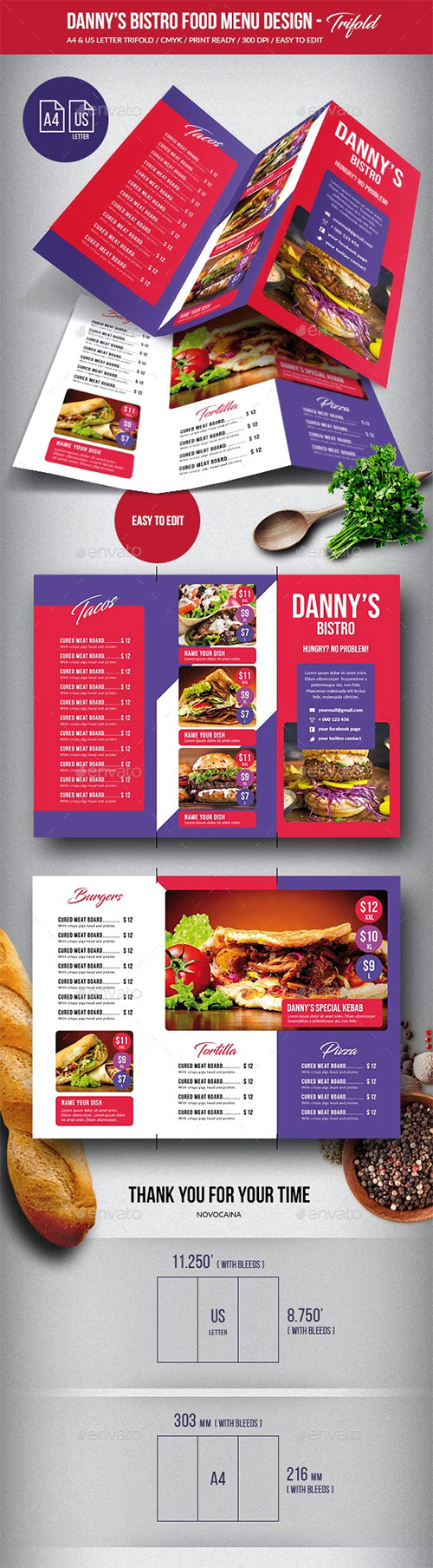 Danny's Bistro Trifold Food Menu A4 & US Letter 21918487