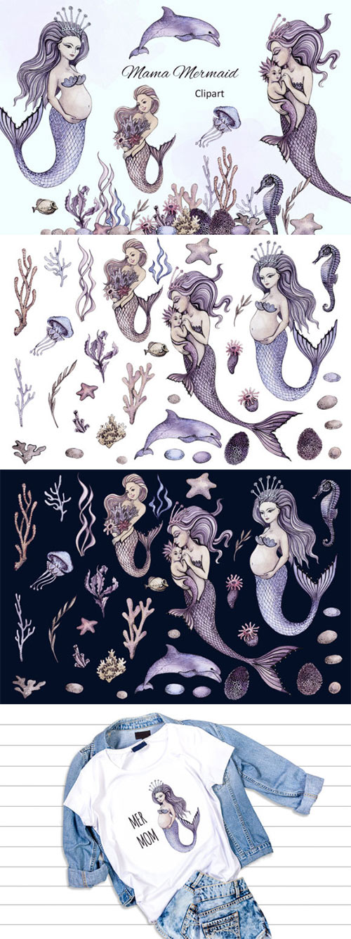Watercolor Pregnant Mermaid Clipart 18646208