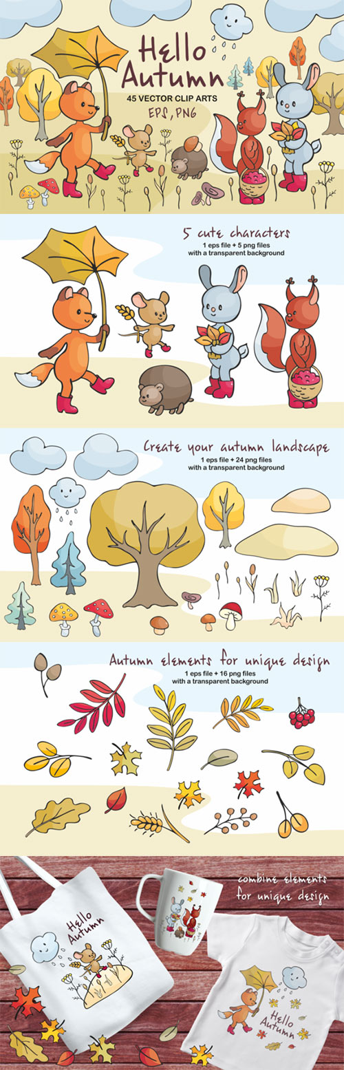 45 Forest Animals and Plants in Doodle Style