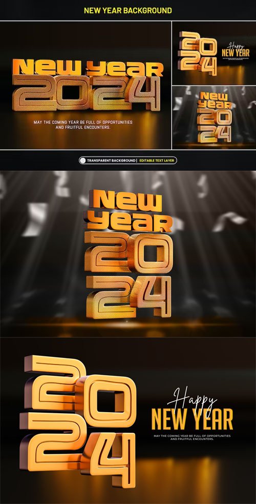 New Year 2024 Background with Stylized 3D Text - PSD Templates