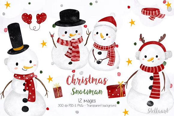 Watercolor Snowman and Christmas Decorations XNVFGRD