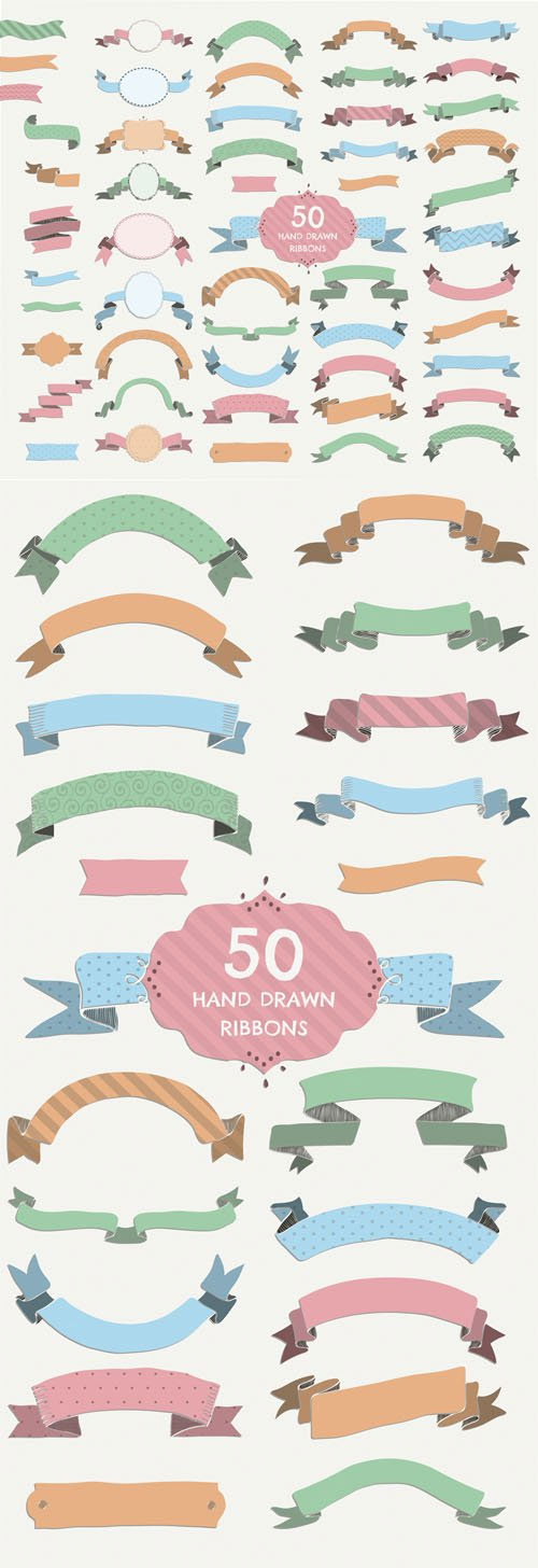 50 Colored Vector Hand Drawn Ribbons + PNG