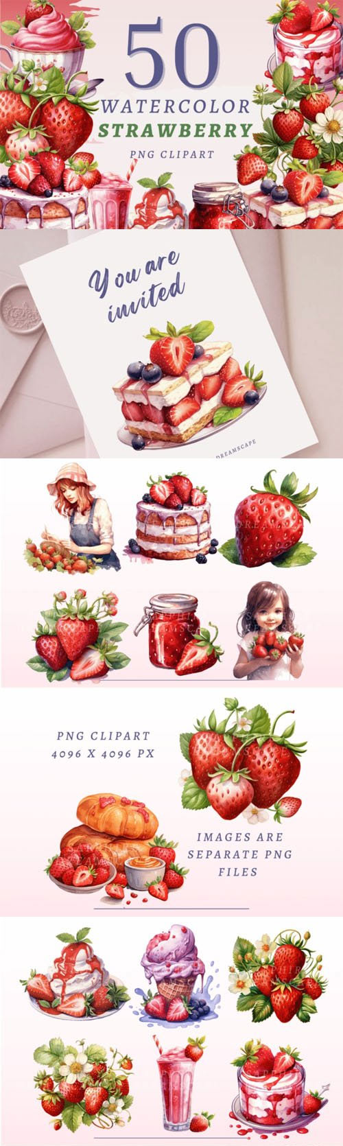 Watercolor Strawberry PNG Bundle