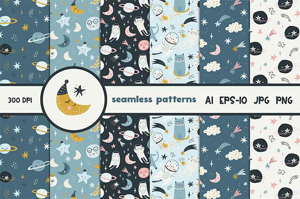 Cute Space Seamless Patterns Beautiful Design Set