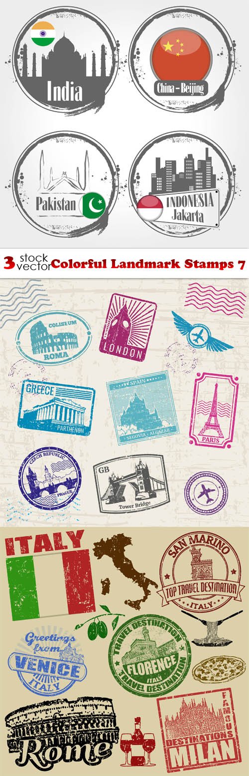 Vectors - Colorful Landmark Stamps 7