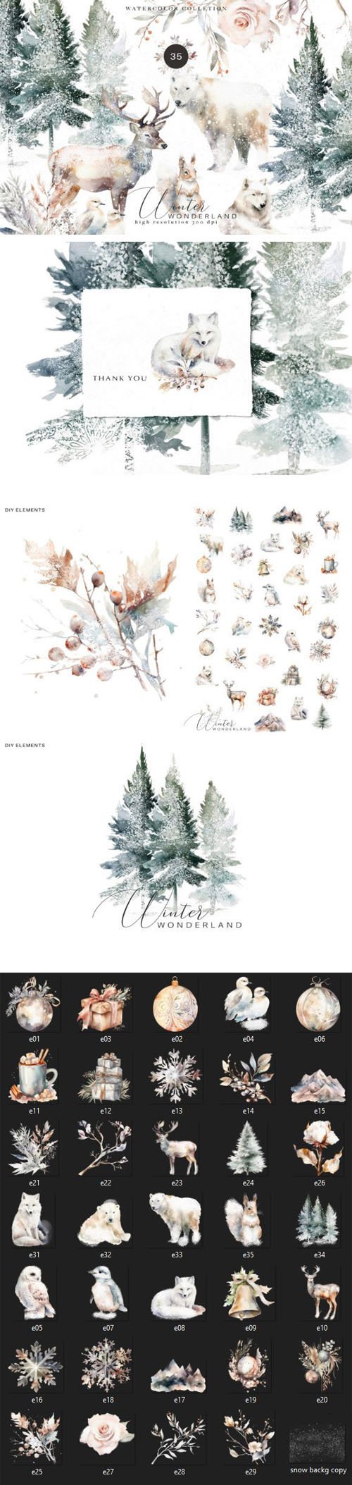 Evergreen - Winter Wonderland - Watercolor Clipart Collection