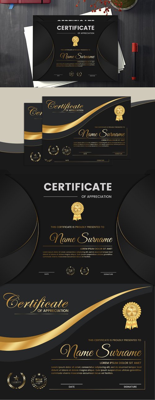 Luxury Gold & Black Certificates PSD Design Templates
