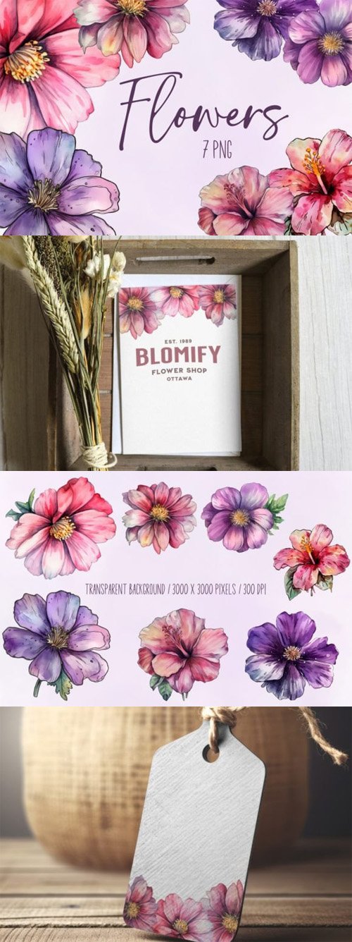 Watercolor Flowers - 7 PNG Cliparts Bundle