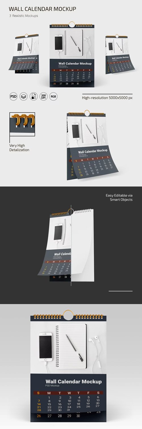 Wall Calendar PSD Mockup - 3 Realistic Mockups