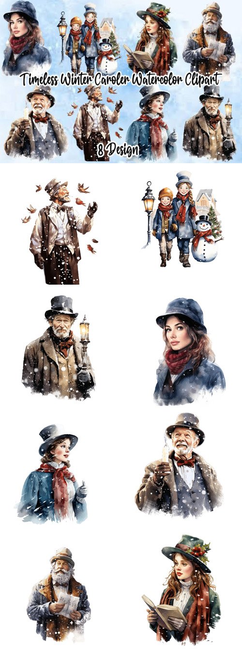 Watercolor Timeless Winter Caroler Clipart Pack